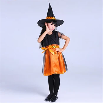 Halloween Kostiumai Mergina Juoda Skristi Ragana Kostiumas, Suknelė ir Skrybėlė Bžūp Šalies Cosplay Apranga Vaikams Mergina Vaikų