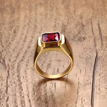 Retro Mens Žiedai, Nerūdijančio Plieno Raudonos spalvos kalnų krištolas Sužadėtuvių Žiedai Vyrų Aukso Tonas anel Bague Homme