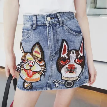 [LIVIVIO] Šuns Galvos Siuvinėjimo Džinsinio Mini Sijonas Moterims Linijos Sijonai Moterų Mados Streetwear