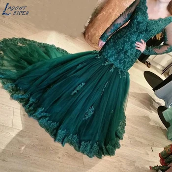 ED0511 Tamsiai Žalia 2018 Nėrinių Undinė Vakaro Suknelės V Kaklo Teismas Traukinio Tiulio Ilgai Iliuzija Rankovėmis Suknelės Nėrinių Suknelės, Šaliai