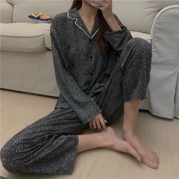 Juodas mažas leopardas namų kostiumas moterų pižama nustatyti atlapas apykakle ilgomis rankovėmis marškinėliai, pižamos kelnės sleepwear dviejų dalių komplektas rudenį Y072