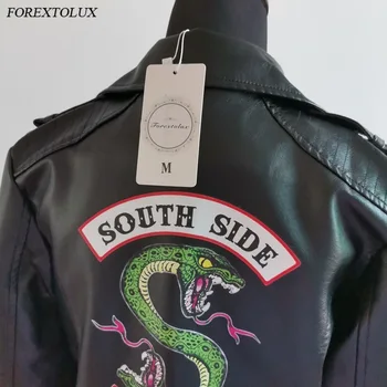 Riverdale Žalčių PU Motociklininkų Švarkai Trumpi Viršuje Pietų Gyvatė Ryškiai Juoda Dirbtinės Minkštos Odos Streetwear Užtrauktukas Kišenėje