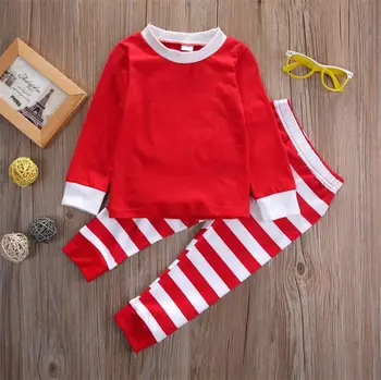 Rudenį, Žiemą 2vnt Bamblys Vaikams ilgomis rankovėmis raudona nustatyti Kūdikių Berniukų, Mergaičių Dryžuota Apranga Kalėdų Pižama Sleepwear Rinkinys