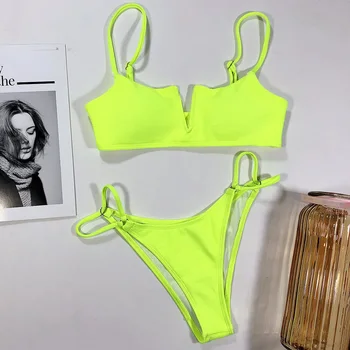 Dviejų vienetų Bather Maudymosi Kostiumas Naujas Mažas Juosmens Tvarstis Paplūdimio Bikini nustatyti, Fluorescencinė Geltona V Kaklo maudymosi kostiumėlį Seksualus maudymosi Kostiumėliai Moterims