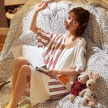 Korėjos nightdress moterų vasaros saldus mielas medvilnės naktį suknelė prarasti sleepwear pižamą moterų sleepshirt tingus mokinys nightie