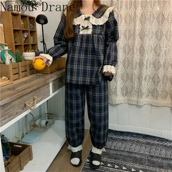 2020 Prabangus Pledas Sleepwear Kratinys Nėrinių Geometrinis Ilgomis Rankovėmis Namų Drabužiai Laisvi Atsitiktinis Chic Moterų Saldus Naktiniai Marškiniai, Pižamos