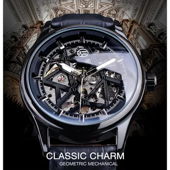 Forsining Visiškai Juodos Mados Klasikiniai Mechaniniai Laikrodžiai Vyrams Juoda Juosta Šviesos Rankas Heren Horloge Skeleton Laikrodis Vyras