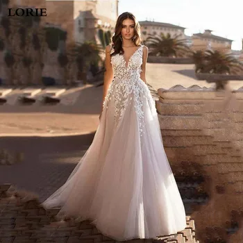 LORIE V Neck Paplūdimys Vestuvių Suknelės 2020 Backless 3D Gėlių Appliqued Nėrinių Vestuvinės Suknelės Tiulio vestido de novia Vestuvių Suknelės