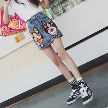 [LIVIVIO] Šuns Galvos Siuvinėjimo Džinsinio Mini Sijonas Moterims Linijos Sijonai Moterų Mados Streetwear
