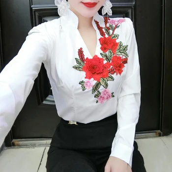 Nauja Rudens Gėlių Balti marškiniai Moterų OLIS Viršūnes ilgomis rankovėmis siuvinėjimo Palaidinė V kaklo korėjos mados Drabužiai Moterims