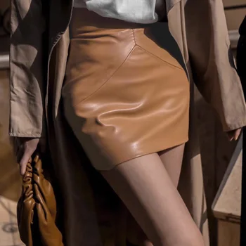 Beyouare Elegantiška Vintage Aukšto Juosmens Kietas PU Oda Moterų Sijonas Atsitiktinis Slim Asimetrinė Juosmens Mini Sijonas 