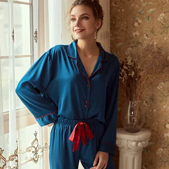 2021 m. Pavasarį, Vasarą, Naujas V-formos Atlošas Šilko ilgomis rankovėmis Moterų Plonas Stiliaus Namų Vietoje Namų Sleepwear Gali Ne Dėvėti naktiniai marškiniai, pižamos