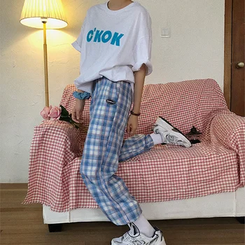 Violetinė Atsitiktinis Languotas Kelnes Moterims Korėjos Mados Aukšto Liemens Kelnės Ponios Hip-Hop Tiesios Kelnės Sweatpants Streetwear