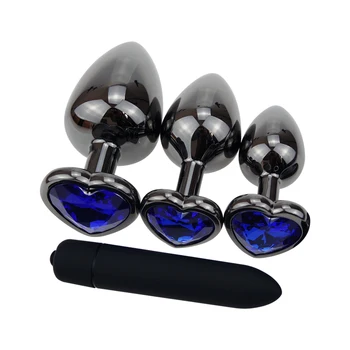 3 Dydis Juodas Metalinis Analinis Kaištis Blue Heart Crystal Bazė Sklandžiai Butt Beads Išangę Granulių Kamuolys Žvakės Dilator
