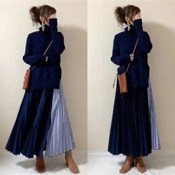 Puloveriai, Megzti Suknelę korėjos Japonija Stiliaus Moterų Trikotažas ilgomis Rankovėmis Kratinys Maxi Suknelė 2020 Elegantiškas Femme Vestiods Naujas
