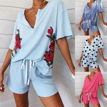 Moterų V-Kaklo marškinėliai Raišteliu Kelnės Gėlių Spausdinti Briaunoti Sleepwear Pižama Komplektas