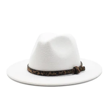 Nauji Plačiai Kraštų Balta Fedora Skrybėlę Moterų Vilnos Skrybėlės Vyrų Rudenį, Žiemą Panama Lošti Džiazo Bžūp Juoda balta Leopard diržo dangtelis
