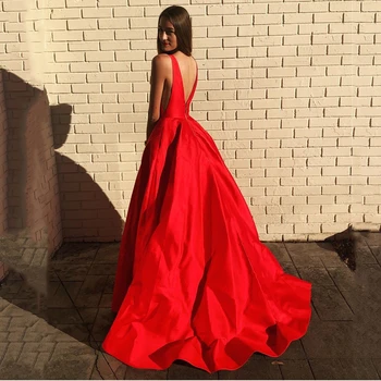 Elegantiškas Raudonas Ilgas Prom Dresses 2021 Naujas Oficialias Moterų Vakarėlis Be Rankovių Vestidos Backless Satin A-Line Paprasta Vakare Chalatai