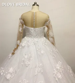 Iliuzija ilgomis Rankovėmis Kamuolys Suknelė Vestuvių Suknelė 3D Gėlių Nėrinių Appliques Nuotakos Suknelė Aukštos Kokybės Užsakymą Suknelės Realios Nuotraukos