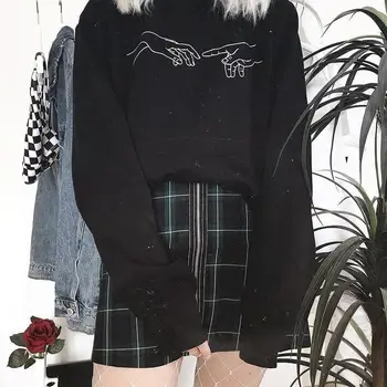 Negabaritinių Hoodie Džemperis Komplektus Tumblr Gotikos Streetwear Estetinės Harajuku Derliaus Kūrimas Rankas Line Art