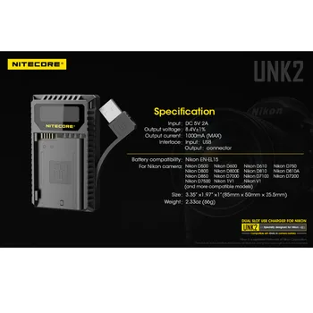 Naujas Nitecore UNK2 Dual USB Kroviklis Nikon EN-EL15 Baterija D500 D600 D610 D750 D800 D800E D810 D810A V1 1V1 D850 D7000
