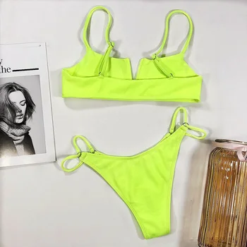 Dviejų vienetų Bather Maudymosi Kostiumas Naujas Mažas Juosmens Tvarstis Paplūdimio Bikini nustatyti, Fluorescencinė Geltona V Kaklo maudymosi kostiumėlį Seksualus maudymosi Kostiumėliai Moterims