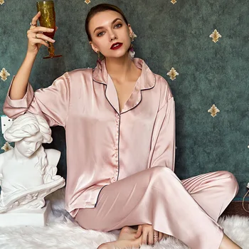 2021 m. Pavasarį, Vasarą, Naujas V-formos Atlošas Šilko ilgomis rankovėmis Moterų Plonas Stiliaus Namų Vietoje Namų Sleepwear Gali Ne Dėvėti naktiniai marškiniai, pižamos