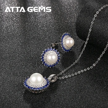 Natūralių Perlų, Sidabro S925 Papuošalų Rinkinys Gėlo Vandens Perlų Aukščiausios Kokybės Sukurta Mėlynas Safyras Klasikinis Romantiško Stiliaus Moterims