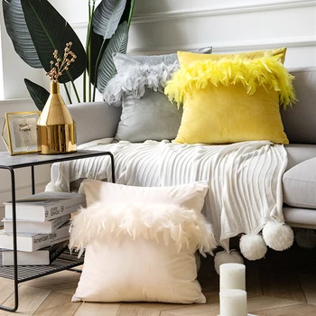 45x45cm juoda/rožinė/pilka/geltona vientisos spalvos plunksnų nėrinių pagalvėlė padengti sofa aksomo mesti užvalkalas pompom juosmens pagalvę padengti