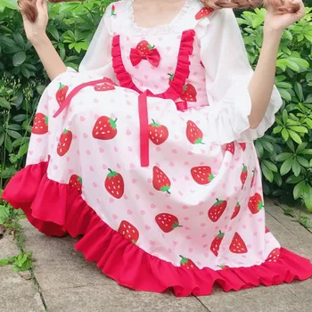 Vasaros JSK saldus Braškių Slydimo Rožinė suknelė Lolita desso rožinė susiėmę burbulas Vyšnių diržas suknelė su palaidinė