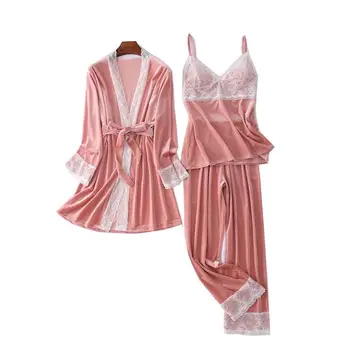 Žiemos Aukso Aksomo Pižamą Nustatyti Šilta Pižama Moterų Sexy Nėrinių Sleepwear Labai Minkštas Pijamas Mujer High-end Namų Drabužių 3PCS