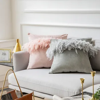 45x45cm juoda/rožinė/pilka/geltona vientisos spalvos plunksnų nėrinių pagalvėlė padengti sofa aksomo mesti užvalkalas pompom juosmens pagalvę padengti