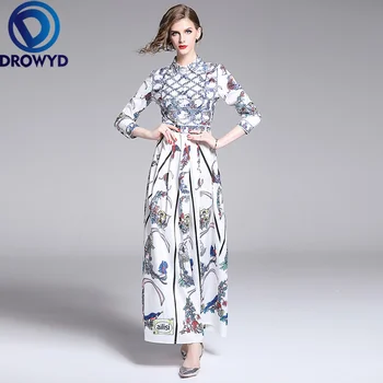 2019 m. Rudenį Boho Balto Print Maxi Suknelė Moterims Atsitiktinis ilgomis Rankovėmis Mados Aukštos Juosmens Elegantiškas Klubas Šalis Suknelė Vestidos-Line