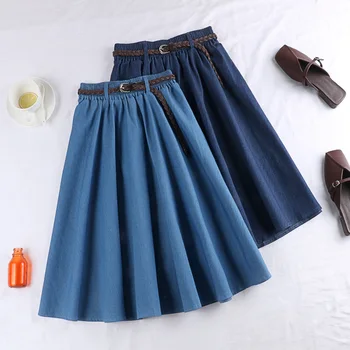 D507 vasaros naują korėjos vientisos spalvos visi aplink diržas aukštos juosmens, plonas laisvas vidurio ilgio sijonas moterų sijonas