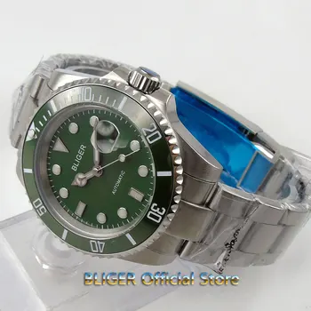 40mm Bliger vyriški žiūrėti safyro stiklas, žalias ciferblatas super šviesos keraminiai rėmelio data Automatinis judėjimo riešo laikrodžių vyrams