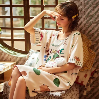 Korėjos nightdress moterų vasaros saldus mielas medvilnės naktį suknelė prarasti sleepwear pižamą moterų sleepshirt tingus mokinys nightie