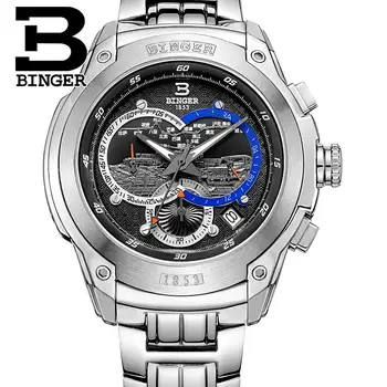 Šveicarija, laikrodžių vyrams prabangos prekės ženklo laikrodį, BINGER Kvarco vyriški žiūrėti visą nerūdijančio plieno Chronograph Naras glowwatch B6013-3