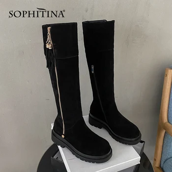 SOPHITINA Žiemos Knee-high Batai Moteris Šiltas natūralios Odos Aukštos Platformos Aikštėje Butas Užtrauktukas Kutas, Suapvalinti Tne Ilgi Batai PO788