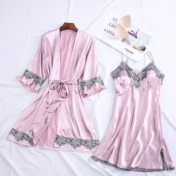 Satino Sleepwear Skraiste Suknelė Nustatyti Femme Pavasario Chalatas Peignoir 2 Vnt Pižama Šilko Seksualus, Elegantiškas Feminino Pijama Namų Drabužių