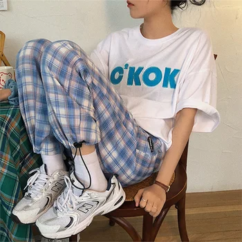 Violetinė Atsitiktinis Languotas Kelnes Moterims Korėjos Mados Aukšto Liemens Kelnės Ponios Hip-Hop Tiesios Kelnės Sweatpants Streetwear