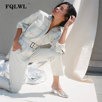 FQLWL Seksualus Džinsinio Jumpsuit Moterų Romper ilgomis Rankovėmis Diržo Juoda/Balta Žiema Rudens Džinsinio Jumpsuit Moterų 2018 darbo drabužių Streetwear
