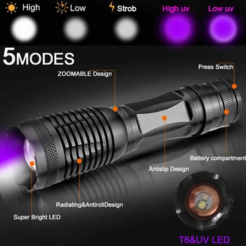 10000LM 2in1 UV+baltos šviesos LED Žibintuvėlis Fakelas 395nm Ultravioletinių Šlapimo Detektorius, skirtas kempingas Kilimų Augintinio Šlapimo Sugauti 