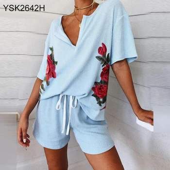 Moterų V-Kaklo marškinėliai Raišteliu Kelnės Gėlių Spausdinti Briaunoti Sleepwear Pižama Komplektas